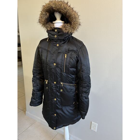 VTG Y2K Puffer Jacket Goose Down Feather Faux Fur Hood Black Silky Guess Women M - Picture 15 of 16